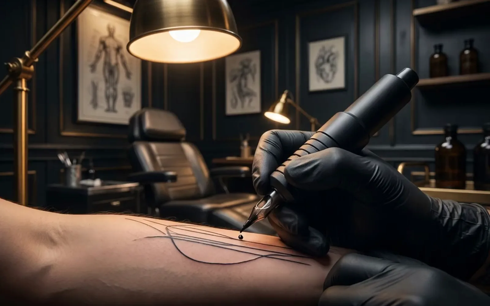 Supreme Tattoo, maszynka i świeży tatuaż w ciemnym studiu