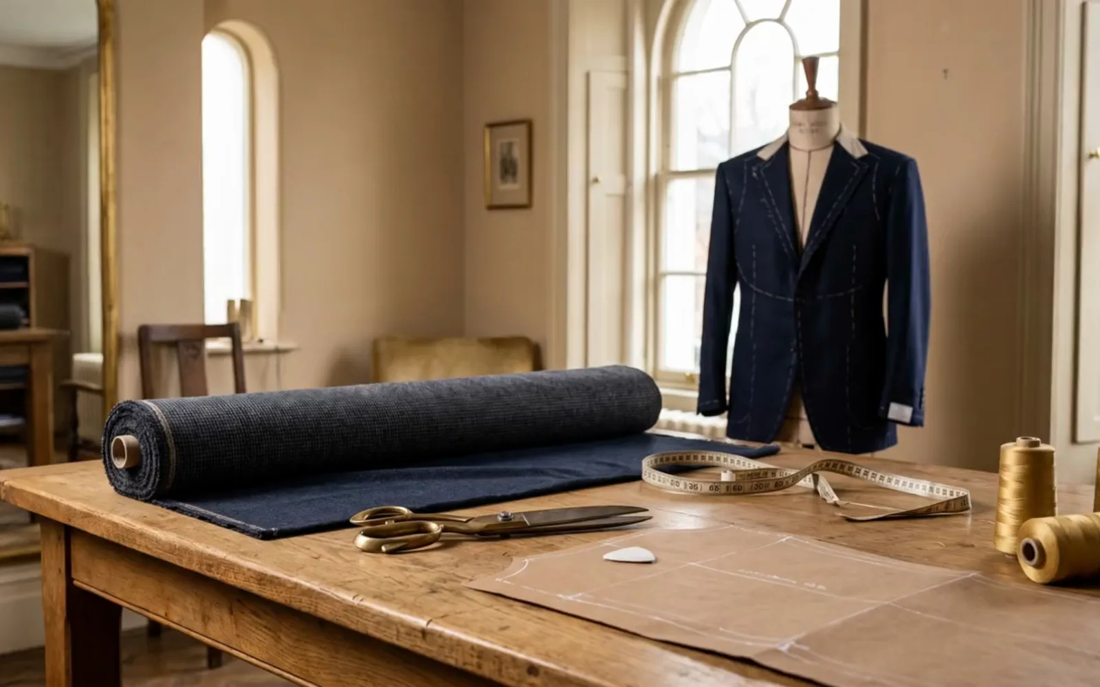Sokolski Suits, stół krawiecki z wełną, nożycami i złotą nicią